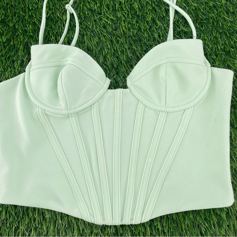 ZARA Poplin Mint Green Corset Cropped Tank Top - Picture 4 of 7